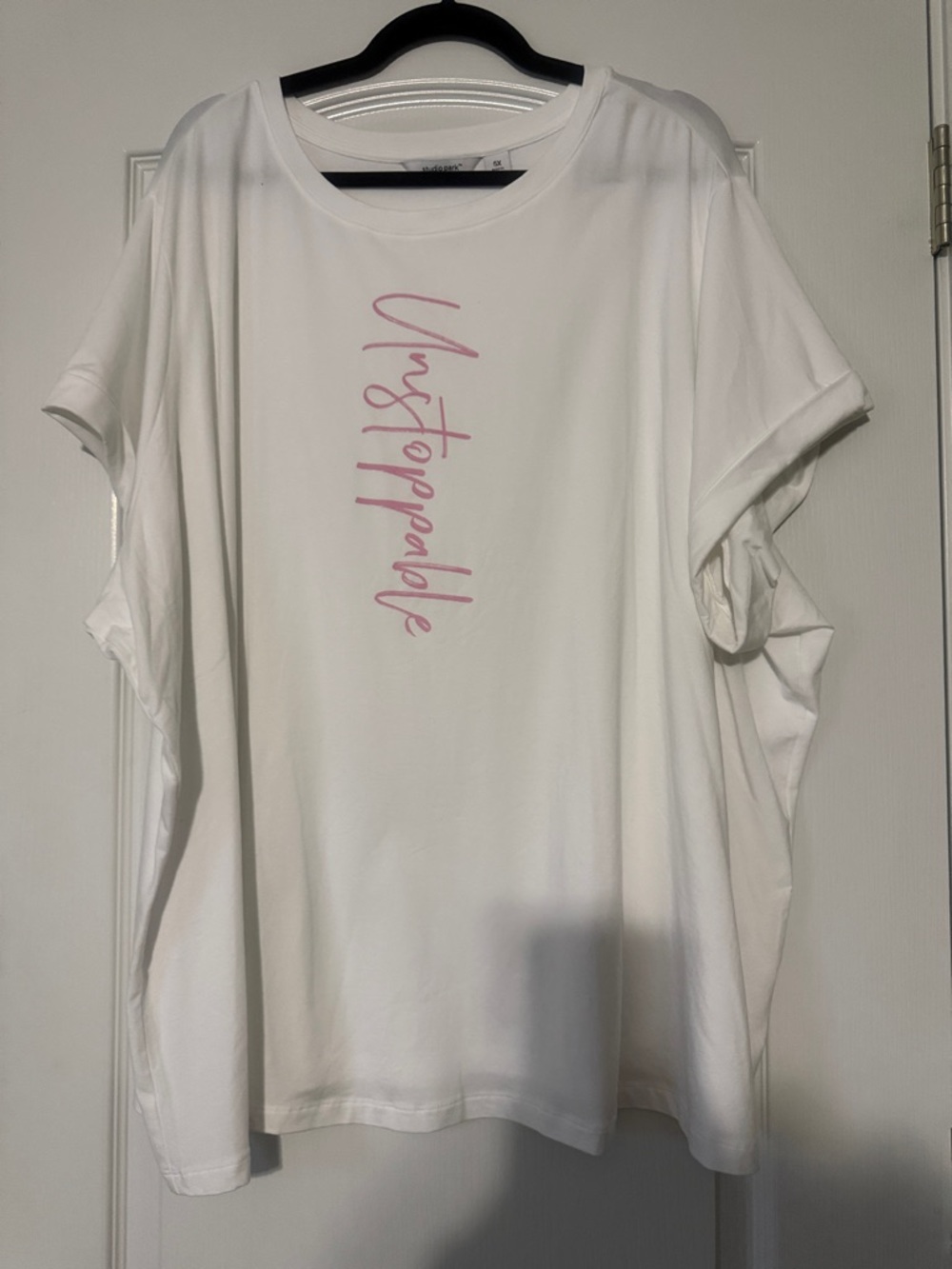 Oversized White Short Sleeve Tee with Pink Script Graphic